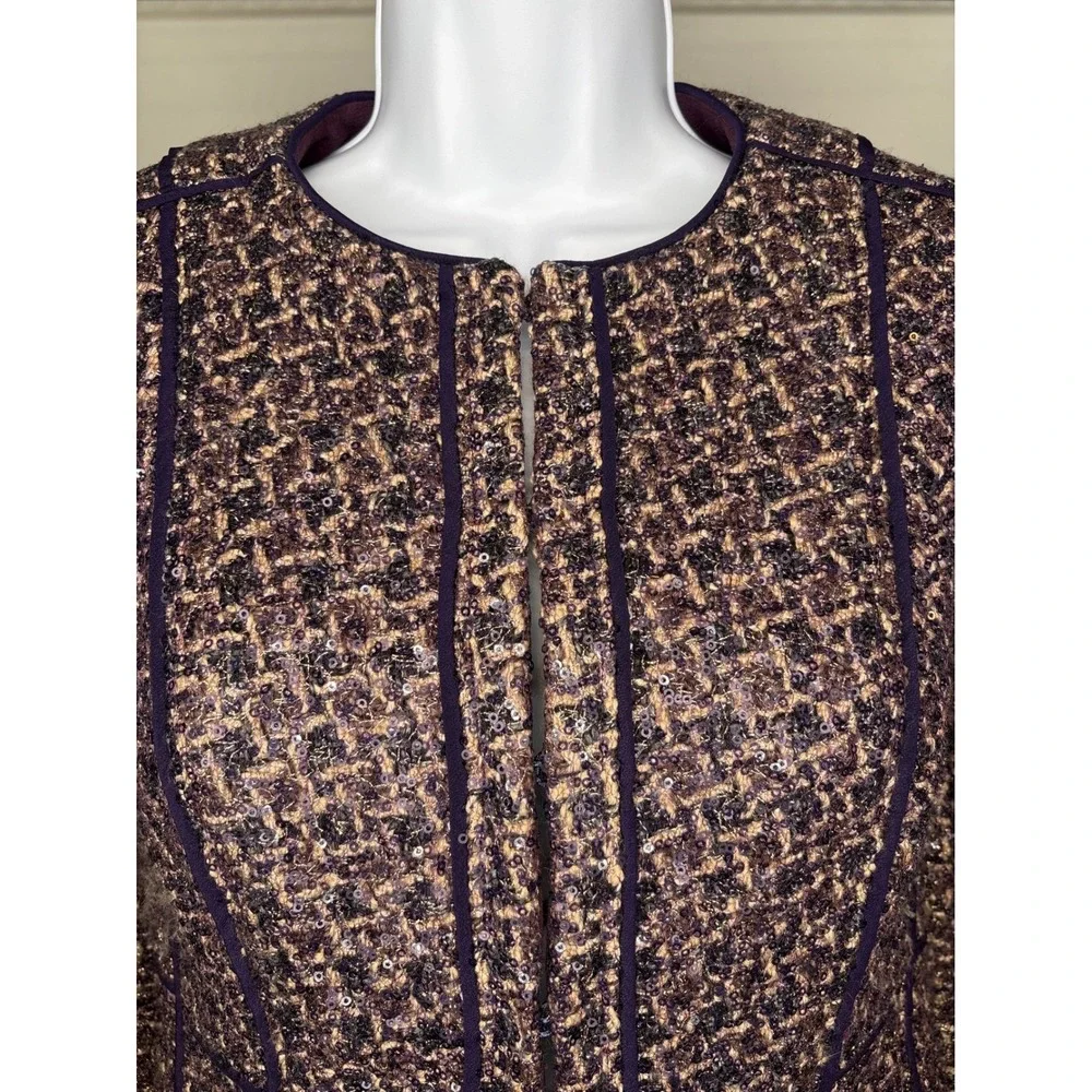 Tory Burch Womens Purple Sequin Metallic Tweed Cropped Jacket Sz 0 Career Preppy